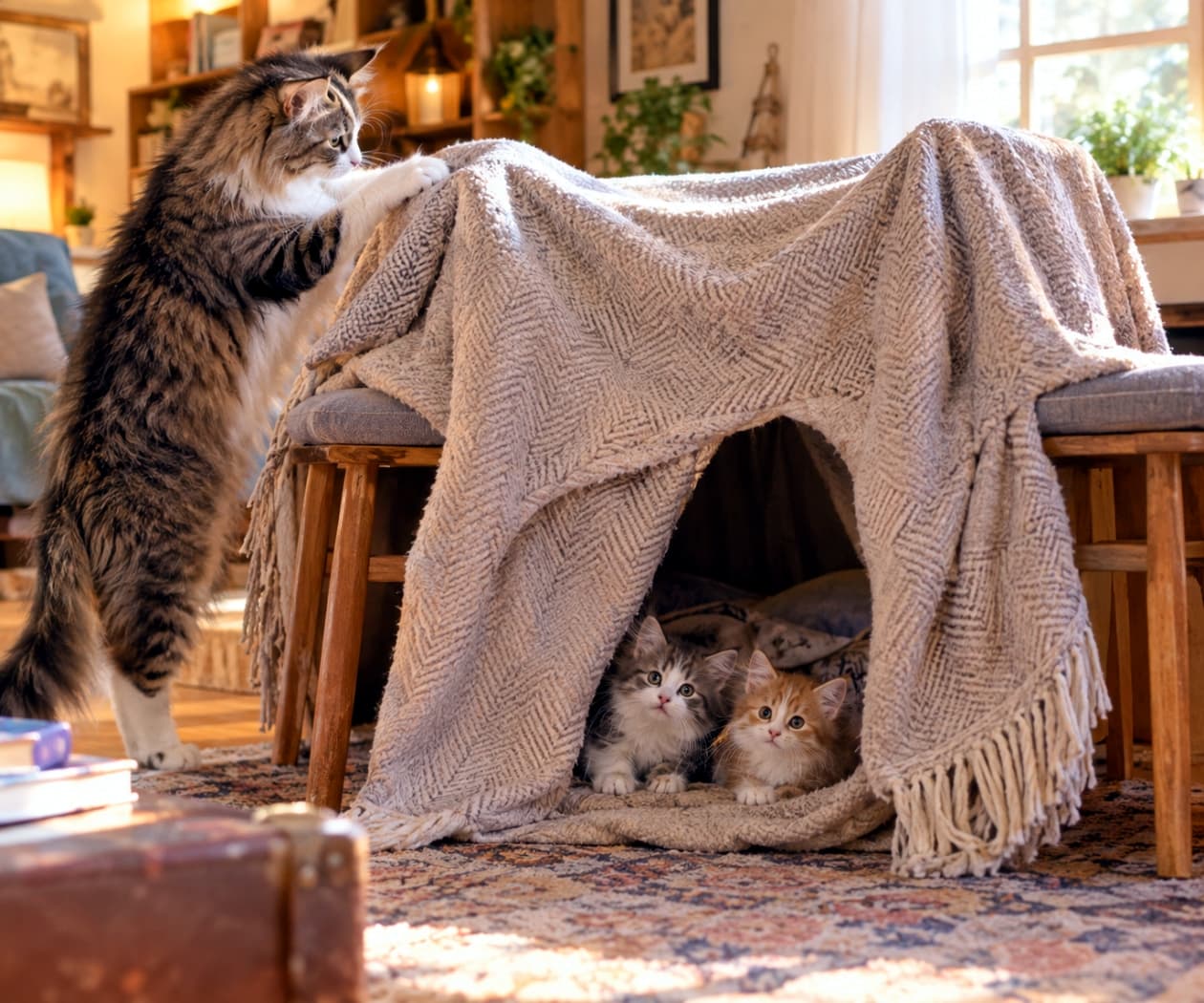 「ふかふか秘密基地の完成！中からひょっこり顔を出す子猫たちとママの優しさに心が和みますね🎪🐾✨」Ultra-realistic high-quality photograph of a long-haired tabby and white mother cat standing on her hind legs to arrange a beige blanket fort over two chairs, while her two small kittens—one tabby and one orange tabby—peek out curiously from inside the cozy entrance. あたたかな光が差し込むリビングにて、2脚の椅子の上に掛けられた大きなベージュのフリンジ付きブランケットの秘密基地。左側で後ろ足で立ち上がり外側からブランケットを整える長毛のキジトラ白の母猫と、ブランケットの入口から並んで外を覗き込む2匹の幼い子猫たち（左：キジトラ白、右：茶トラ白）。ワクワクとした表情と温もりあふれる室内のディテールが印象的な情