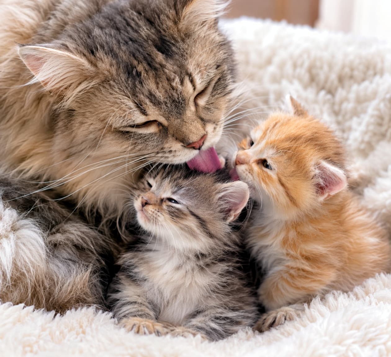 「ママから子猫へ、そしてきょうだいへ！優しさがつながるグルーミングの連鎖に心がじんわり温まりますね毛玉🐾✨」Ultra-realistic high-quality photograph of a long-haired tabby mother cat meticulously grooming her small tabby kitten, while a neighboring orange tabby kitten gently grooms the same sibling in a fluffy white bed setting. 白くふんわりとした柔らかいベッドの上で、キジトラの子猫の頭を優しく舐めてグルーミングする長毛のキジトラ母猫と、その舐められているキジトラ子猫の頭をさらに横から愛おしそうに舐める隣の茶トラ白の子猫。3匹の密着したぬくもりと細部までリアルな毛並みの質感、温かい光に包まれた優しいリレーグルーミングの情景