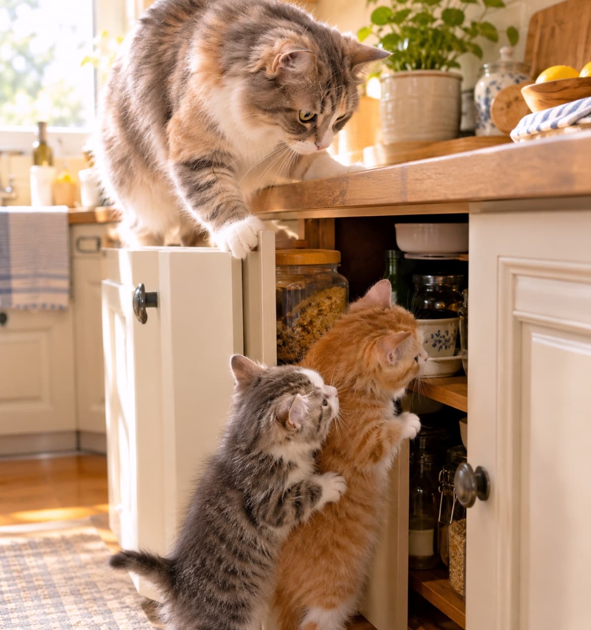 「おやつはどこかな？ママの「お手伝い」でキャビネットに興味津々な子猫たちの姿を見ていると思わず笑顔になりますね🐾✨」Ultra-realistic high-quality photograph of a long-haired tabby and white mother cat standing on a wooden counter and nudging a white cabinet door open with her paw in a warm, light-filled kitchen. Below her, two small kittens—one tabby and one orange tabby—peek curiously together into the newly opened space. The scene captures the cats' soft fur textures, playful curiosity, and the detailed background with kitchenware and plants, creating a humorous and charming moment.　あたたかな自然光が差し込む清潔感のあるキッチンにて、木製カウンターに後ろ足をかけ前足で白いキャビネットのドアを器用に押し開ける長毛のキジトラ白の母猫。その下で、開いたキャビネットの中を興味津々に覗き込む2匹の幼い子猫たち（手前のキジトラ、奥の茶トラ）。親子の無邪気な好奇心とチームワーク、フワフワとした毛並みの質感、背景の調理器具や観葉植物が詳細に描写された心温まる情景