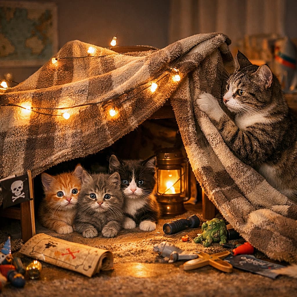 「毛布の秘密基地、完成間近！待ちきれない子猫たちのワクワクが可愛すぎる🐾」A mother cat builds a blanket fort over two chairs while her kittens peek out from inside, creating a cozy and imaginative play scene in warm light. 2脚の椅子に毛布をかけて秘密基地を作る母猫と、中から顔を出す子猫たちの、あたたかく想像力あふれる光景