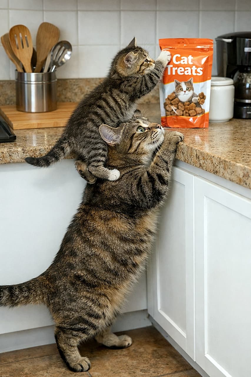 「ママ台座、発動！おやつのためなら親子で全力チームプレー🐾」A mother cat standing on her hind legs helps her kitten climb onto her back to reach a bag of treats on a kitchen counter, showing teamwork and determination. キッチンカウンターの上のおやつ袋に届くよう、後ろ足で立った母猫の背中に子猫が乗り、協力して挑戦する様子
