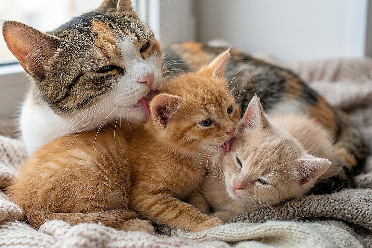 「ママがペロペロ、僕も妹をペロペロ🐱💕 窓辺のニットの上で繰り広げられる、愛情たっぷりの毛づくろいリレー✨」A photorealistic image of a calico-tabby mother cat meticulously grooming an orange tabby kitten, which is in turn licking a sleeping cream-colored kitten. They are resting together on a thick, soft knitted blanket by a window. 窓辺の分厚いニットブランケットの上で、三毛トラ柄の母猫が茶トラの子猫の毛づくろいをし、その茶トラ子猫が隣で眠るクリーム色の子猫を一生懸命なめている、愛情のリレーを捉えたリアルな写真