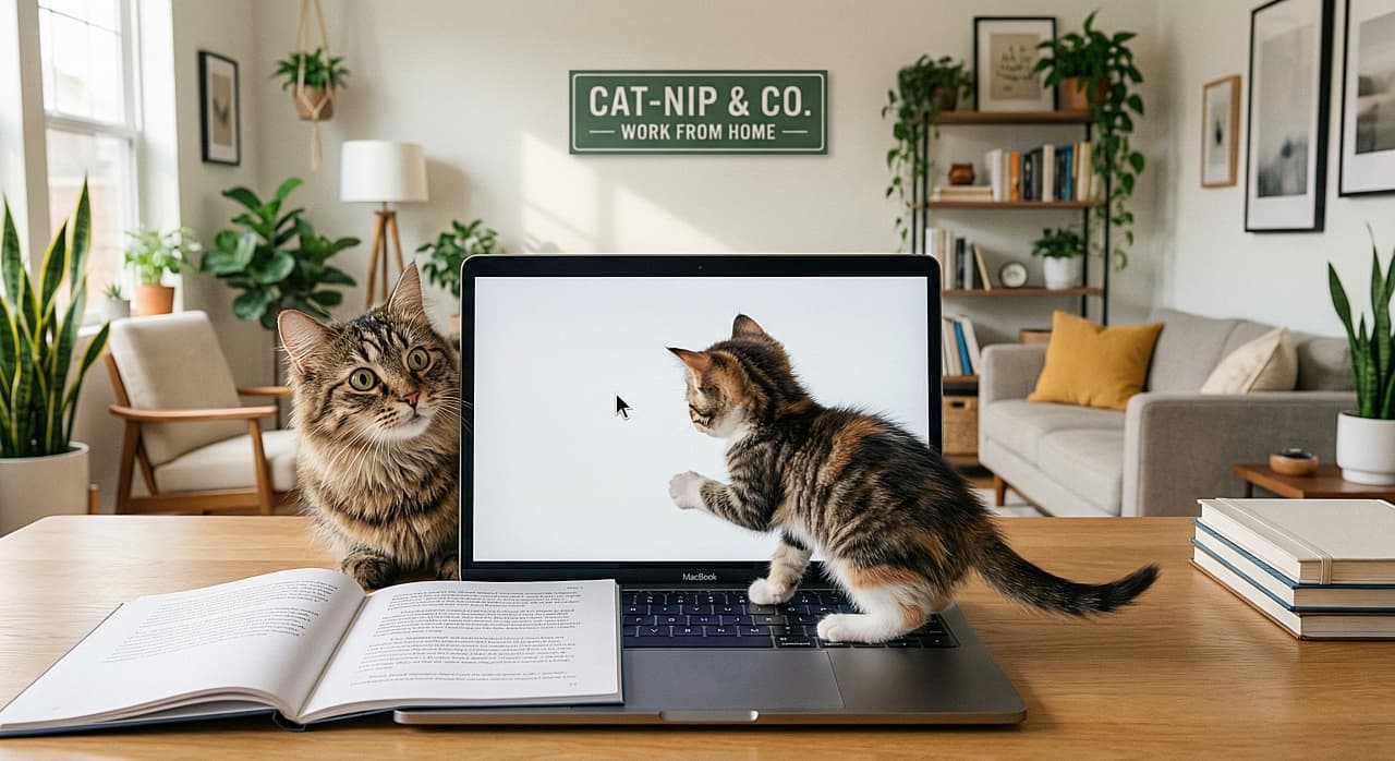 「おしゃれなオフィスで親子でお仕事中！？📚 子猫のタイピング指導を見守るママ猫が可愛すぎる💕」A photorealistic wide shot of a modern home office. A fluffy tabby mother cat sits next to a laptop, watching her calico kitten stand on the keyboard and bat at a small black cursor on the white screen. An open book is in the foreground, and a "CAT-NIP & CO. WORK FROM HOME" sign hangs on the wall behind them. モダンなホームオフィスのリアルな引きの写真。長毛のキジトラ母猫がノートパソコンの横に座り、三毛の子猫がキーボードの上で白い画面の黒いカーソルに前足を伸ばしているのを見ている。手前には開いた本があり、背景の壁には「CAT-NIP & CO. WORK FROM HOME」という看板が見える