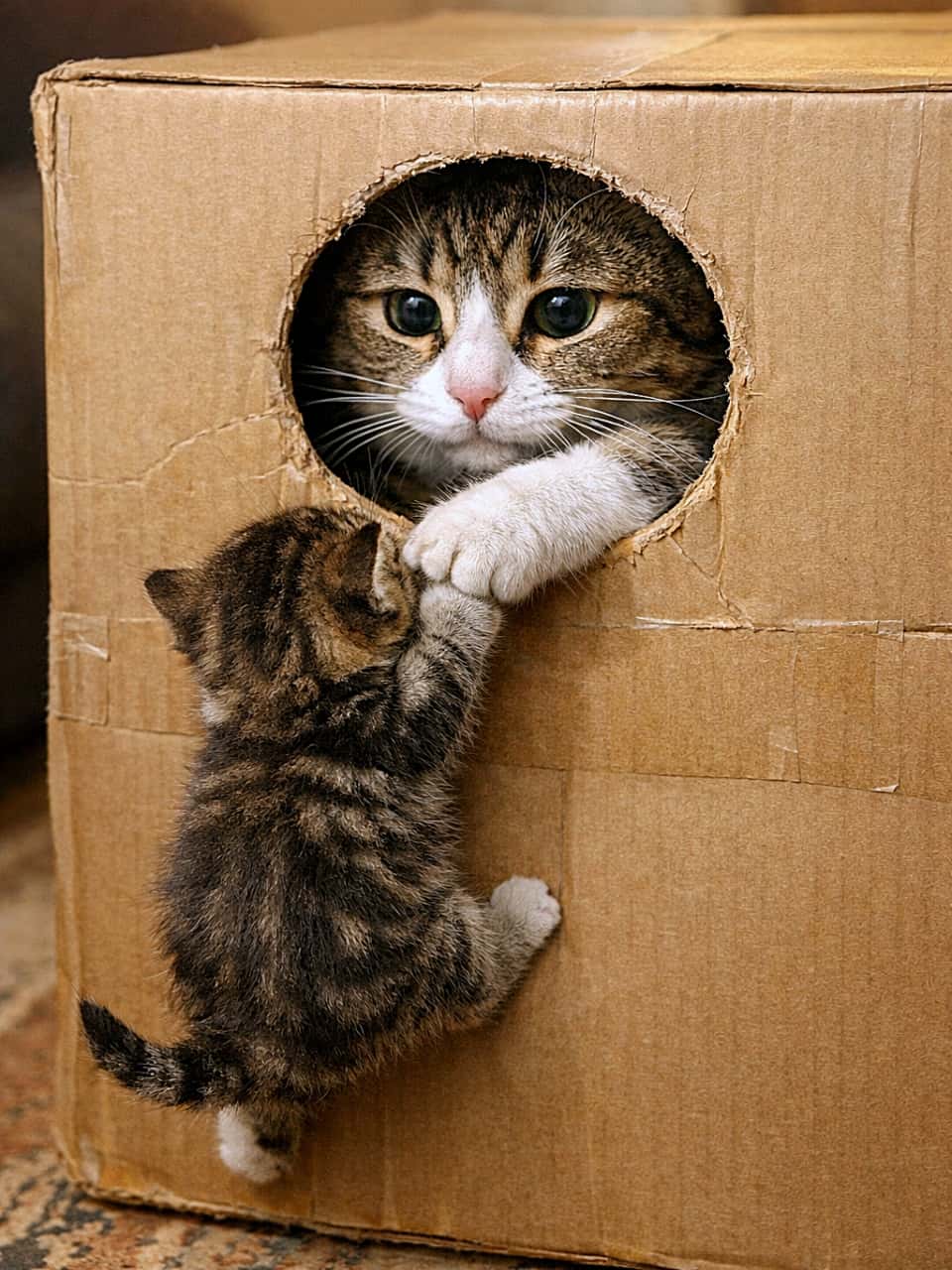 「母の手、ちゃんと届いてるよ。段ボール箱で始まる、ちいさな成長と大きな愛の物語🐾」A mother cat peeking out from a hole in a cardboard box, gently offering her paw to help her kitten climb inside under soft indoor lighting. 段ボール箱の穴から顔を出した母猫が、よじ登ろうとする子猫にそっと前足を差し出して助けている室内の様子