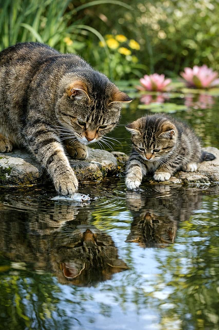 「はじめての“にゃんこ漁”🐾ママの動きをそっくりそのまま学習中✨」A mother cat dips her paw into a calm garden pond to catch a small fish, while her kitten sits beside her and carefully imitates the motion. Their reflections shimmer softly on the water’s surface in natural light. 静かな庭の池のほとりで、母猫が前足を水に入れて小さな魚を狙い、隣に座る子猫がその動きを真剣に真似している。水面には親子の美しい反射が映っている