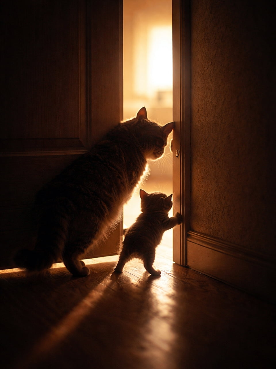 「ママと一緒なら怖くない。小さな全力で、はじめての冒険のドアを開く瞬間✨」A mother cat pushes a slightly open door with her head while her kitten pushes from below, both silhouetted by warm light from the next room. 少し開いたドアを母猫が頭で押し、子猫が下から全身で押している。隣の部屋の光に照らされたシルエットの情景