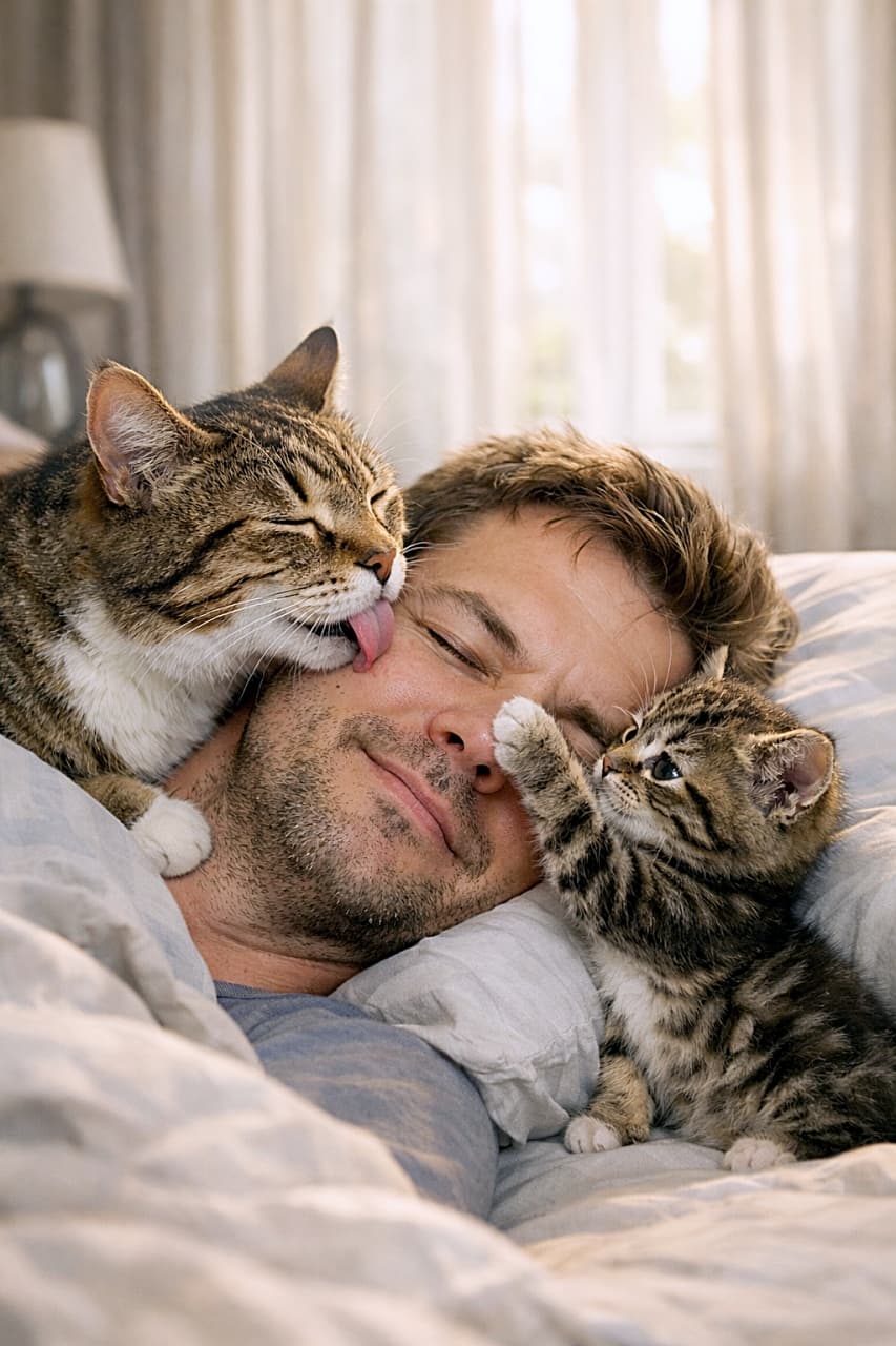 「母は舐める、子は叩く。完璧すぎる連携プレーで始まる、幸せな朝🐱☀️」A mother cat and her kitten gently waking their sleeping owner, the mother licking his face while the kitten softly taps his nose in warm morning light. 朝の柔らかな光の中、母猫が顔を舐め、子猫が鼻をそっと叩いて眠る飼い主を起こしている様子