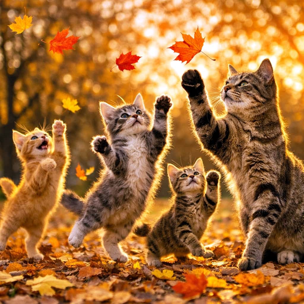 「秋の公園で葉っぱハンター出動！母猫と子猫たちが、ひらひら舞う落ち葉に夢中🍁🐾」A mother cat and her kittens joyfully playing in an autumn park, leaping and reaching for colorful falling leaves in warm golden hour light. 秋の公園で、母猫と子猫たちが色とりどりの落ち葉を追いかけて遊ぶ様子。夕暮れの暖かな光に包まれている