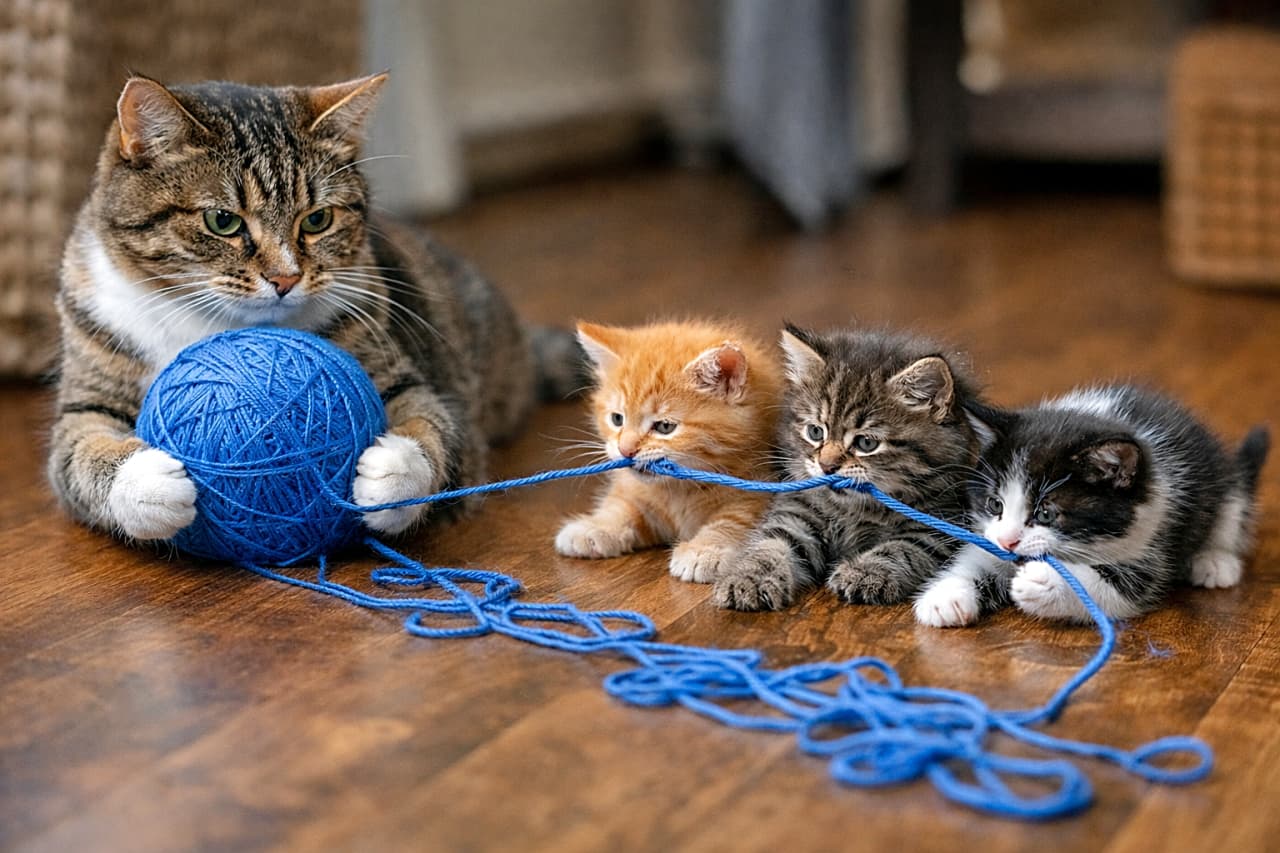 「ママは押さえる係、子猫は引っ張る係。チームワーク抜群の毛糸大作戦、今日も大成功！」A mother cat holding a blue ball of yarn with her paws while three kittens work together to pull and unravel the yarn across a wooden floor. 母猫が前足で青い毛糸玉を押さえ、3匹の子猫たちが協力して毛糸を引っ張り、木の床いっぱいにほどいている様子