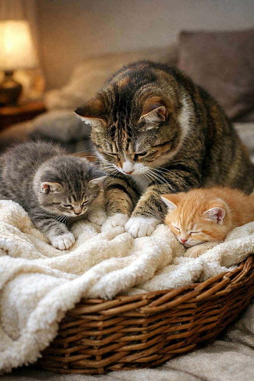 「母の本気のふみふみ作業中。子猫は遊んで寝て全力サポート中🧺🐾」A mother cat kneads a soft blanket inside a basket while her two kittens pounce and nap, creating a cozy and sleepy atmosphere. 母猫がバスケットの中で柔らかな毛布を整え、2匹の子猫が飛び乗ったり眠ったりする、穏やかで心地よい光景