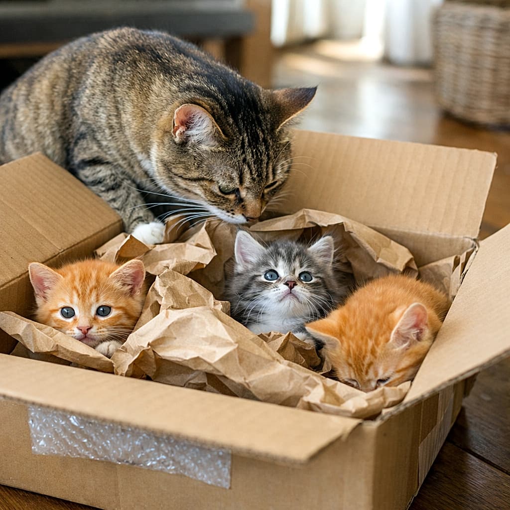 「開封チェックは母猫担当。子猫たちは箱と紙で大はしゃぎ📦🐾」A mother cat inspecting a newly opened delivery box while her kittens pop their heads out and play with crinkled packing paper in natural light. 開封したばかりの段ボール箱を点検する母猫と、梱包紙で遊びながら顔を出す子猫たちの自然光あふれる瞬間