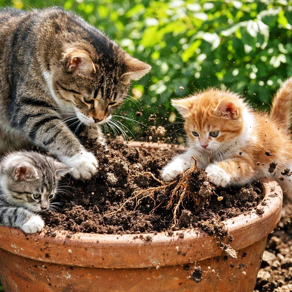 「お手伝いのつもりが大騒ぎ！母猫の園芸作業に全力参加する子猫たち🐾🌱」A mother cat and her two kittens digging soil together in a terracotta pot in a sunny garden, dirt flying as the kittens play. 明るい庭で、素焼きの植木鉢の土を掘る母猫と、土や根っこで遊ぶ2匹の子猫の様子