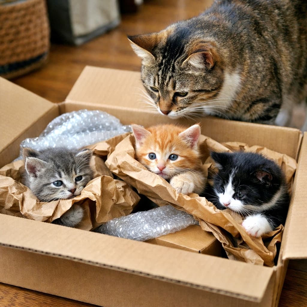 「開封チェックはママの仕事。中では子猫たちが紙くしゃ探検中📦🐾今日も平和です」A mother cat carefully inspecting a newly opened delivery box while her kittens play with packing paper inside, popping their heads out in natural light. 開封したばかりの段ボール箱を母猫が確認し、子猫たちが梱包紙で遊びながら顔を出している様子