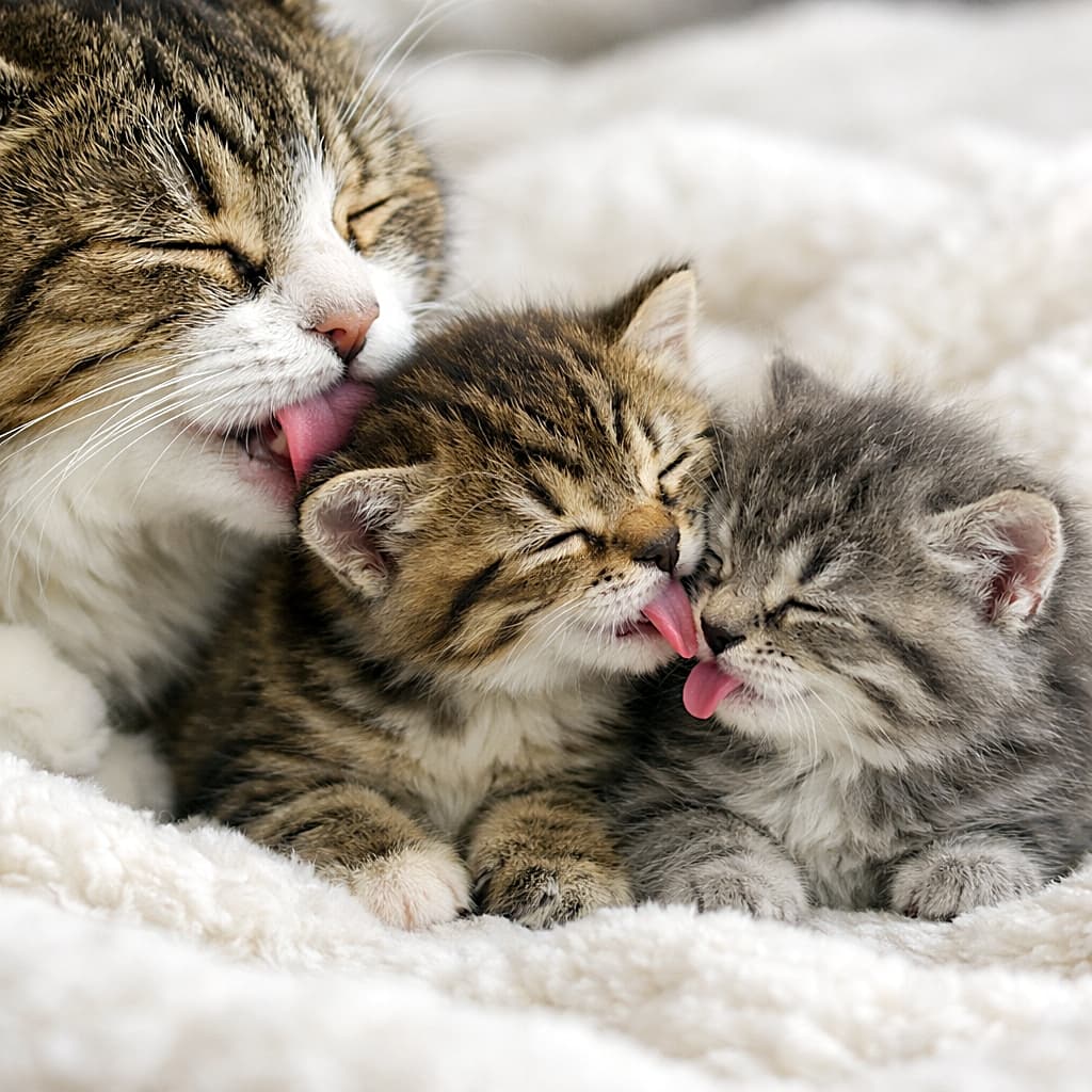 「母から子へ、子からきょうだいへ。ぺろぺろ連鎖が止まらない、幸せ増殖タイム🐾」A mother cat gently grooming her kitten while the kitten imitates her by grooming its sibling, forming a tender chain of affection on a soft, fluffy bed. ふわふわのベッドの上で、母猫が子猫を毛づくろいし、その子猫が隣のきょうだいを真似して毛づくろいする、愛情の連鎖が伝わる光景