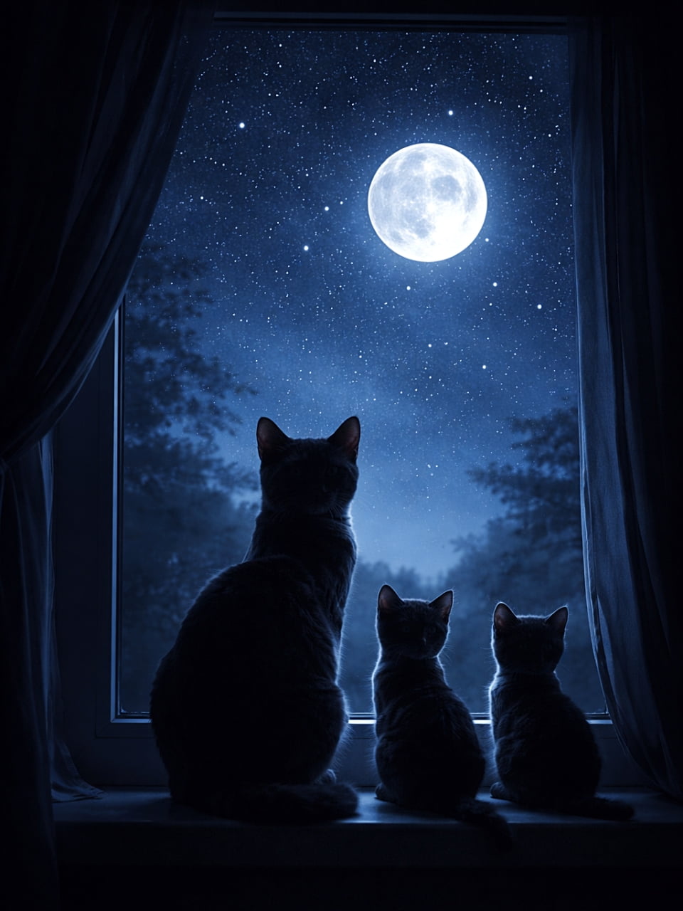 「「お月さま、きれいだね」親子で分け合う、夜のしあわせ時間 🌙🐾」A mother cat and two kittens sit silhouetted on a windowsill at night, gazing at a bright full moon and a star-filled sky in a quiet, peaceful moment. 夜の窓辺に座る母猫と2匹の子猫が、満月と星空を見上げている静かで穏やかな瞬間