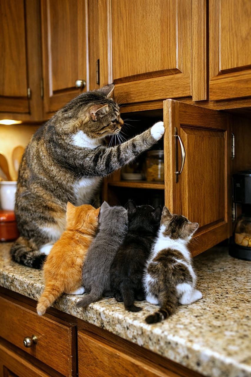 「「なにが入ってるの？」母の一声で、子猫たちの探検会議がキッチンで開催中🐾」A mother cat on a kitchen counter opens a cabinet door while her kittens gather closely, peeking inside together in warm kitchen light. キッチンカウンターの上で母猫が戸棚を開け、子猫たちが並んで中をのぞき込んでいる温かな雰囲気の写真