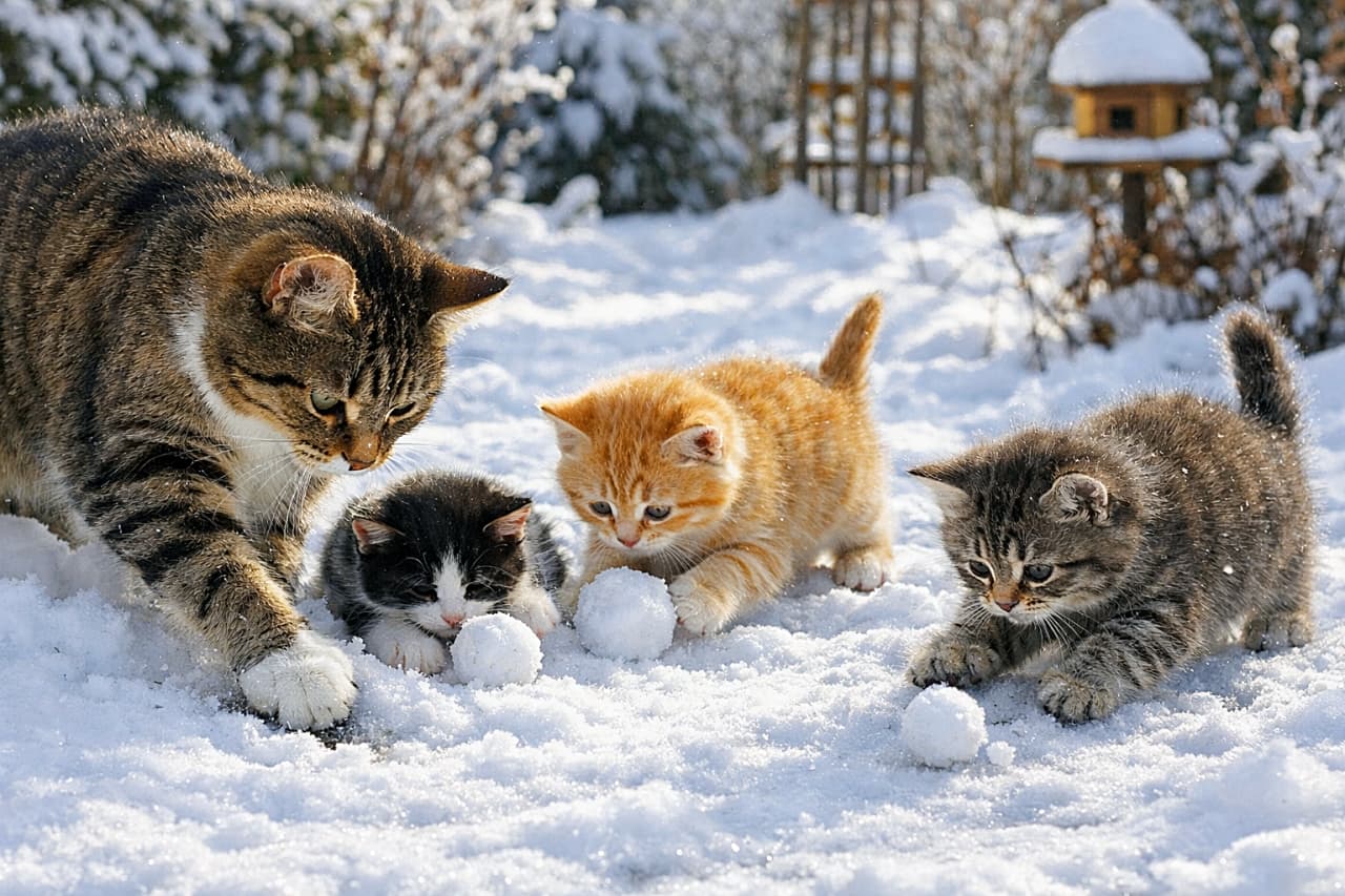 「はじめての雪あそび！ママと一緒にころころ雪玉、冬の大冒険🐾❄️」A mother cat and her kittens playing in a snowy garden, rolling small snowballs under bright winter sunlight 雪に覆われた庭で、母猫と子猫たちが小さな雪玉で遊ぶ冬の日の光景