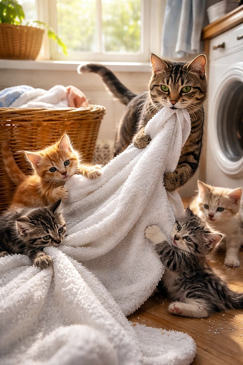 「洗濯物は最高のおもちゃ！？
母猫vs子猫、ふわふわタオル争奪戦🐾」A mother tabby cat pulls a white towel from a laundry basket while her playful kittens pounce and tug at it in a sunlit laundry room. 日差しの差し込むランドリールームで、母猫が白いタオルを引っ張り、子猫たちがじゃれついている様子