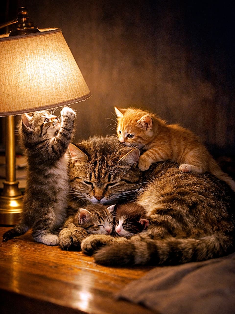 「眠る母と、眠らない子猫たち。ランプの下は、今夜も小さな大騒ぎ🐾」A mother cat cuddles her kittens under a warm desk lamp at night, as one kitten plays with the lampshade and another climbs on her back. 夜のデスクランプの下で、母猫が子猫たちを包み込み、1匹はシェードで遊び、もう1匹は背中によじ登っている様子