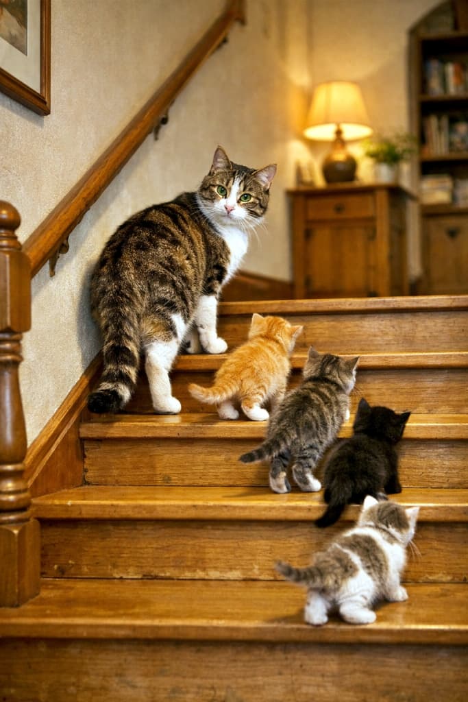 「母の背中は、いちばん安心できる道しるべ。小さな一歩が、今日も階段をのぼっていく🐾」A mother cat pauses on a wooden staircase and looks back at her kittens as they carefully climb the steps in a cozy, softly lit home. 木の階段の途中で振り返る母猫と、後を追って一段ずつ慎重に登る子猫たち。柔らかな光に包まれた温かな室内風景