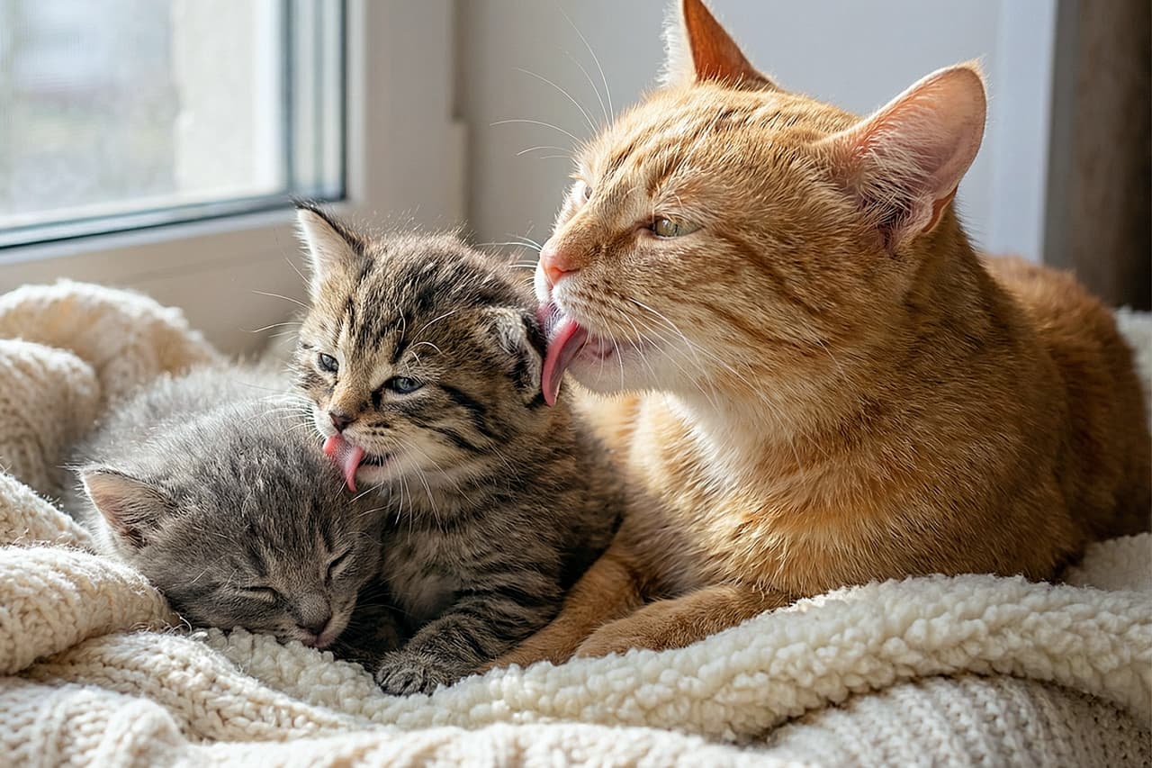 「茶トラママの優しいケア！キジトラちゃんも真似してグレーちゃんをペロペロ👅 幸せが連鎖するお昼寝タイム🐾」A heartwarming photorealistic photo of an orange tabby mother cat grooming a brown tabby kitten, while the tabby kitten simultaneously licks a sleeping grey kitten next to it. They are resting on a fluffy cream-colored blanket near a window. 窓辺のふわふわなブランケットの上で、茶トラの母猫がキジトラの子猫を毛づくろいし、同時にそのキジトラ子猫が隣で眠るグレーの子猫をなめている、心温まるリアルな写真