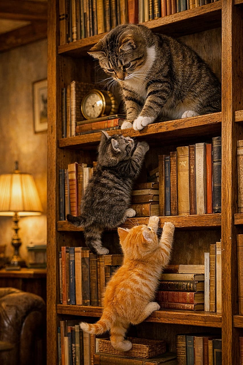 「そこ、ちゃんと足場見て。ママのルートが最短で安全よ📚🐾」A mother cat teaches her two kittens how to safely climb a tall bookshelf in a cozy home library, with warm lighting and shelves filled with books. あたたかな照明のある書斎で、母猫が高い本棚の途中から見守りながら、2匹の子猫に安全な登り方を教えている様子