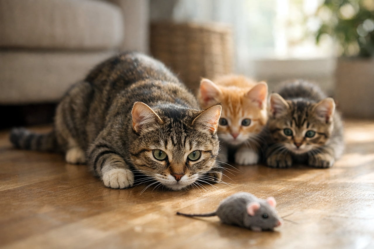 「ママの本気モードに全集中！子猫たちのはじめての“狩りレッスン”🐾✨」A mother cat crouches low while teaching her two kittens how to stalk a toy mouse in a sunlit living room, the kittens mimicking her pose with curious eyes. 日差しの入るリビングで、おもちゃのネズミを狙いながら、母猫が低く身を構え、後ろの子猫2匹が真似をして学んでいる様子