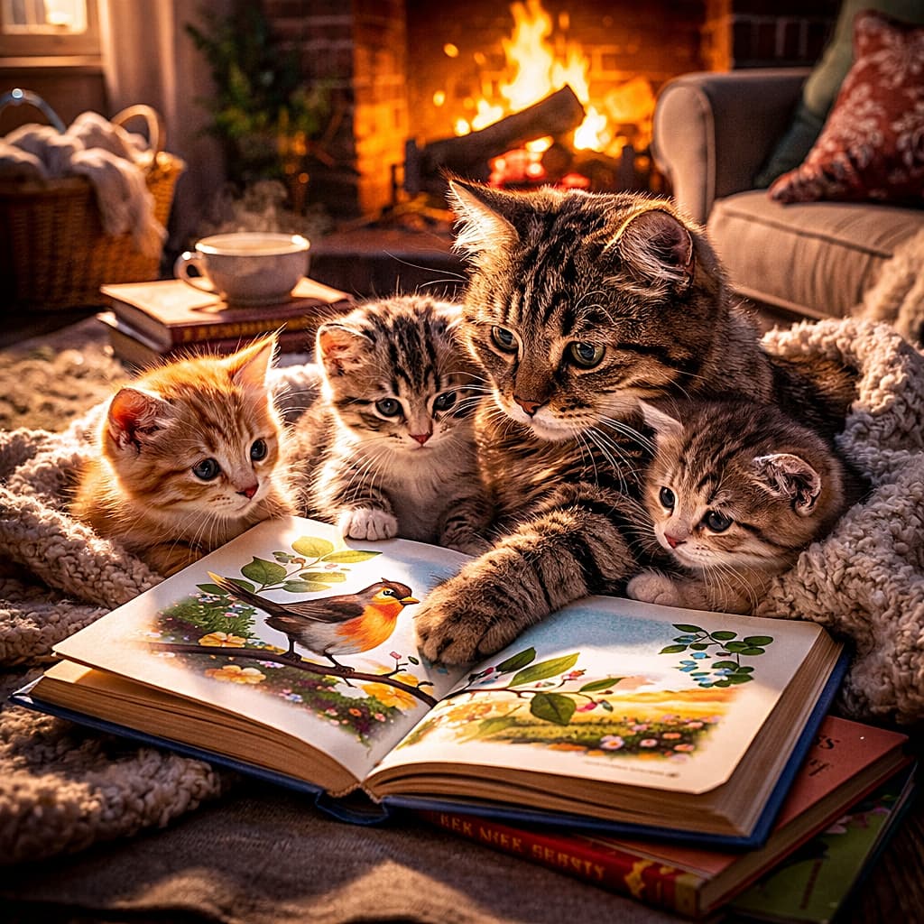 「絵本タイムは真剣勝負。ママ先生の肉球解説に、子猫たちも夢中です📖🐾」A mother cat and her three kittens gather closely around an open children's picture book, with the mother gently pointing her paw at a bird illustration, all lit by warm fireplace light. 暖炉のやさしい灯りの中、母猫が鳥の絵を指し示し、三匹の子猫が絵本を食い入るように見つめている心温まる光景