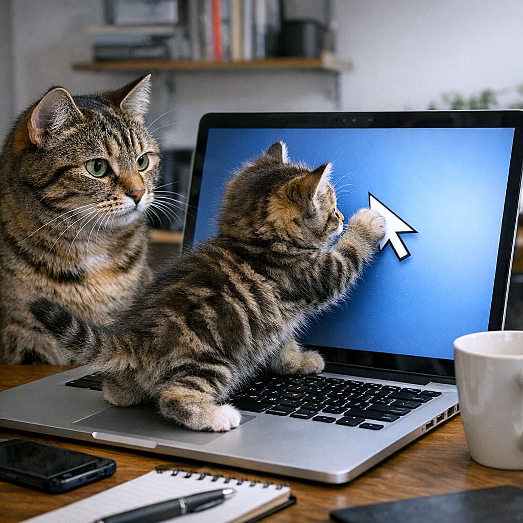 「巨大カーソルを捕まえろ！💻🐾 パソコン作業を「お手伝い」する子猫と、見守るママ猫の真剣な眼差し✨」A close-up, photorealistic image of a tabby mother cat and her tabby kitten sitting at a laptop on a wooden desk. The kitten is standing on the keyboard, batting its paw at a giant white cursor on the blue screen, while the mother cat watches closely. A white mug and notebook are visible. 木製デスクの上のノートパソコンに向かうキジトラの母猫と子猫のリアルなクローズアップ写真。子猫がキーボードの上に立ち、青い画面上の巨大な白いカーソルに前足でタッチしており、母猫がそれをじっと見守っている。白いマグカップやノートが見える