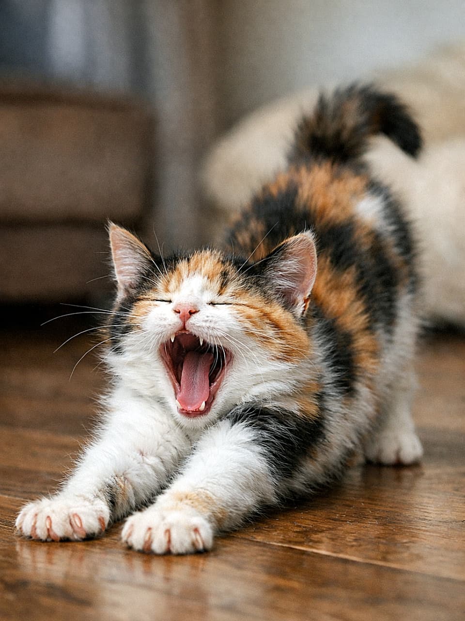 「おはようの合図は全力ストレッチと特大あくび☀️今日も一日、のびのびスタート!」A calico kitten stretching its whole body on a wooden floor, arching its back and yawning widely with eyes closed, captured in a dynamic photorealistic moment. 木の床の上で全身を伸ばし、背中を反らせながら大きなあくびをする三毛子猫。目を閉じた躍動感ある瞬間