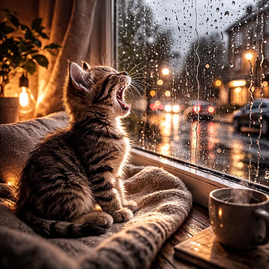 「雨の日こそ特等席。子猫のあくび時間🐾」A photorealistic tabby kitten yawning on a cozy windowsill, looking out at a rainy street with glowing city lights reflected on wet pavement, warm indoor lighting contrasting with the cool, misty evening outside. 雨粒のついた窓越しに濡れた街の灯りを眺めながら、暖かな室内の窓辺で大きなあくびをする子猫のフォトリアルな情景