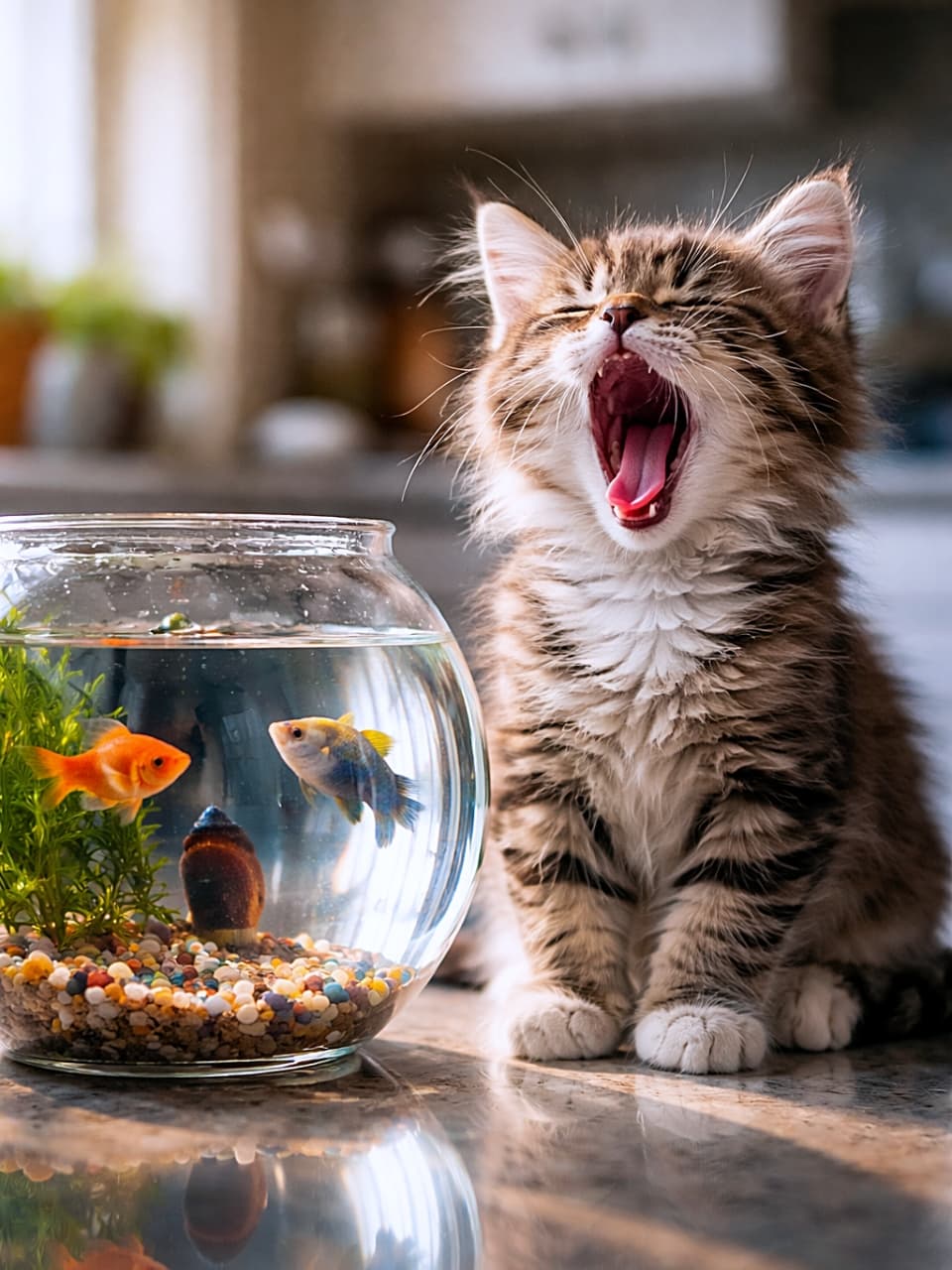 「金魚より眠気が勝利!?水面に映る大あくびがじわる瞬間」A curious tabby kitten sitting beside a glass fishbowl lets out a huge yawn instead of watching the fish, its open mouth humorously reflected in the clear water. Photorealistic with bright natural light and reflective surfaces. ガラスの金魚鉢の横に座った好奇心旺盛なキジトラの子猫が、魚を見ずに大きなあくびをしている。透明な水面に開いた口がユーモラスに映り込むフォトリアルな一枚