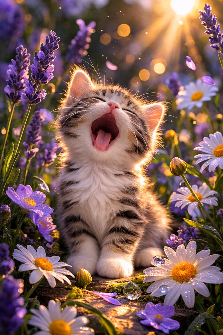 「お花に囲まれて、ふわぁ〜っと大あくび。森の妖精みたいな午後のひととき 🐱✨」A photorealistic kitten yawning in a dreamy garden surrounded by lavender and daisies, glowing in soft afternoon sunlight with bokeh effects. ラベンダーとデイジーに囲まれた庭で、柔らかな午後の光を浴びながら大きくあくびをする子猫のフォトリアルなイメージ