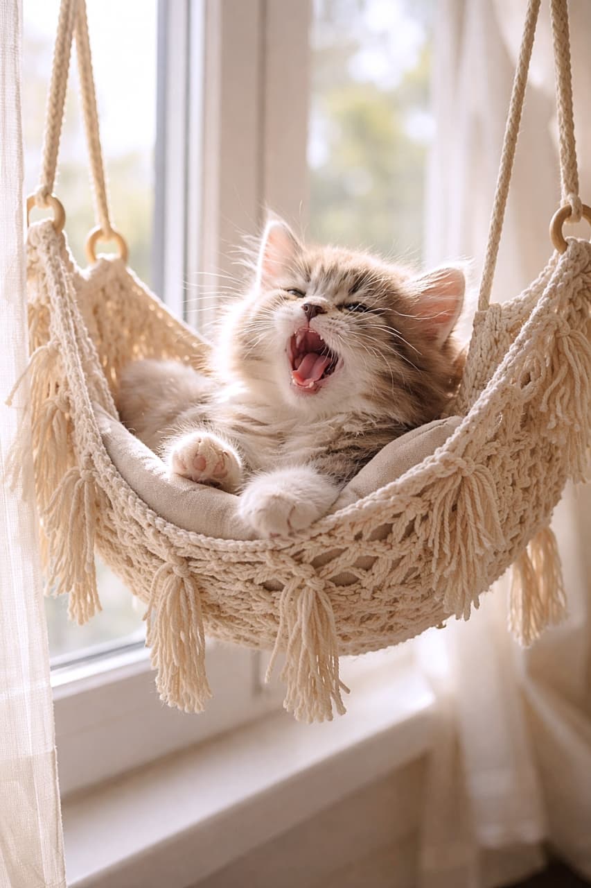 「窓辺のハンモックで大あくび。陽だまりに揺られる、子猫のしあわせ時間☀️🐾」A fluffy kitten yawning while relaxing in a macrame hammock by a sunlit window, with soft light highlighting its whiskers. やわらかな日差しが差し込む窓辺で、マクラメハンモックに揺られながらあくびをするふわふわの子猫