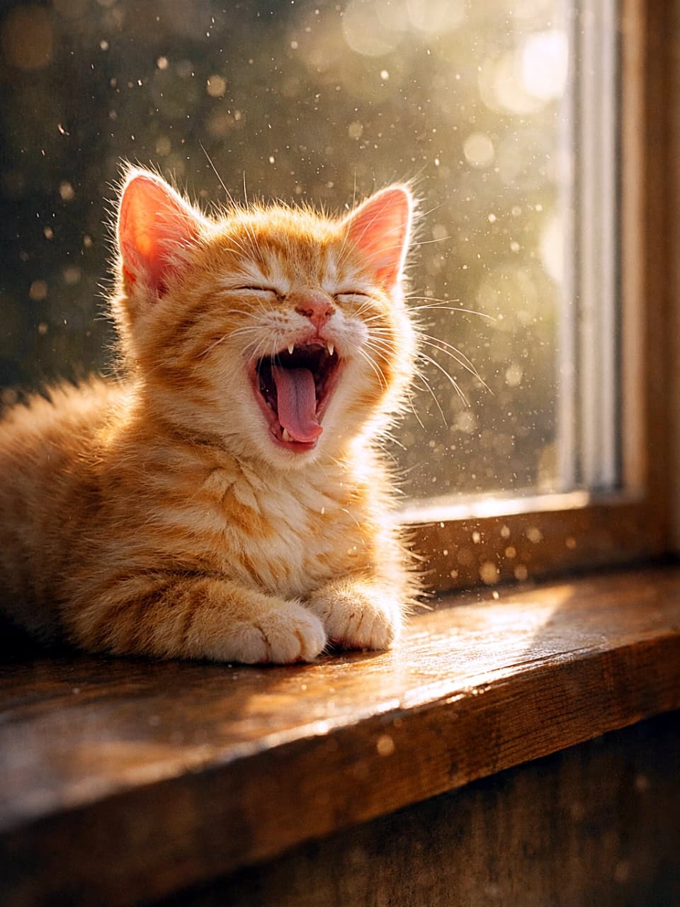 「陽だまりで全力あくび☀️時間までとろける、しあわせ子猫の午後🐾✨」A ginger kitten yawning on a wooden windowsill, basking in a warm golden sunbeam with dust motes floating in the light. 木製の窓辺で金色の陽だまりを浴びながら、大あくびをする茶トラの子猫。光の中に舞う埃が写っている