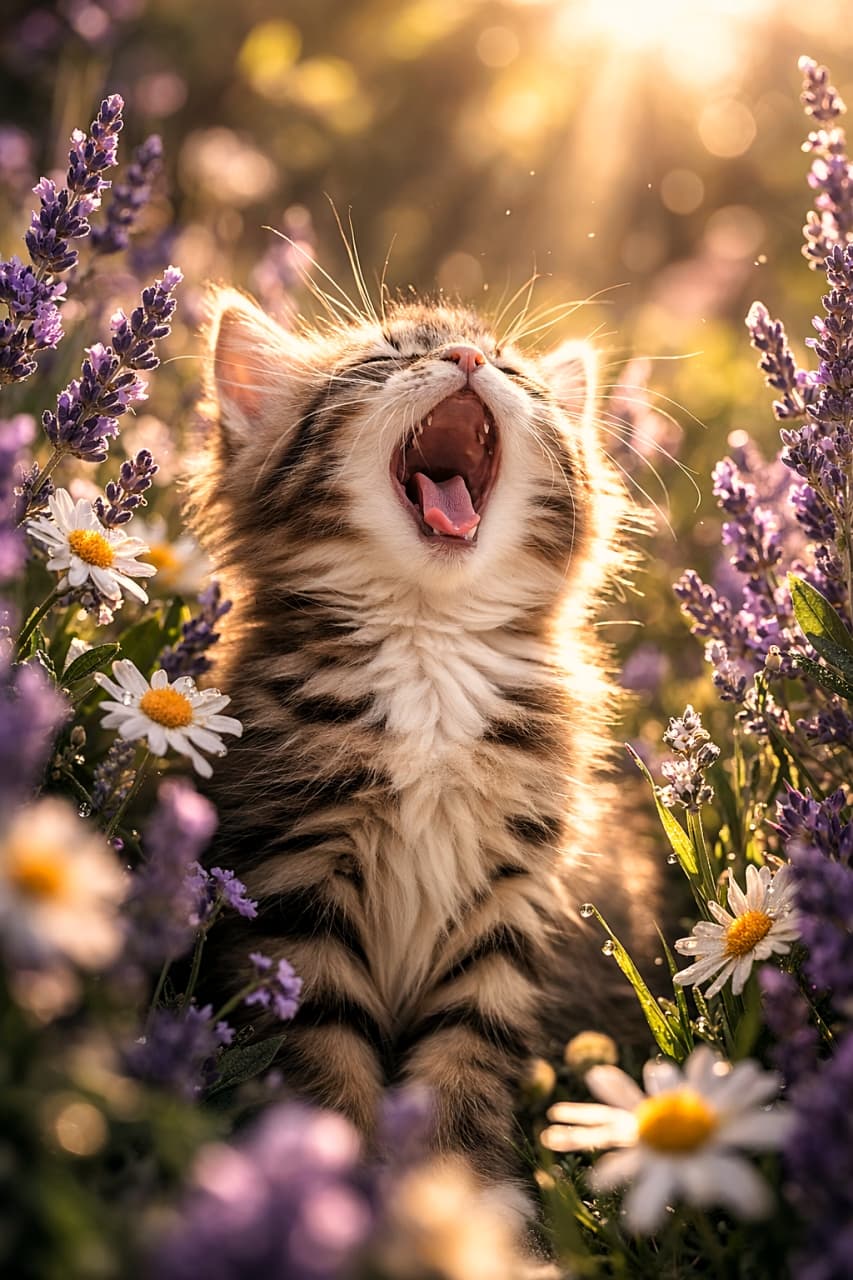 「あくびの先に、やさしい光。一日の終わりに出会いたい癒しの瞬間 🌼🌇」A sleepy tabby kitten yawning upward in a sunlit flower garden, surrounded by lavender and daisies during golden hour with a dreamy bokeh background. ゴールデンアワーの光に包まれ、ラベンダーとデイジーの花畑で空を見上げてあくびをする子猫の幻想的なシーン