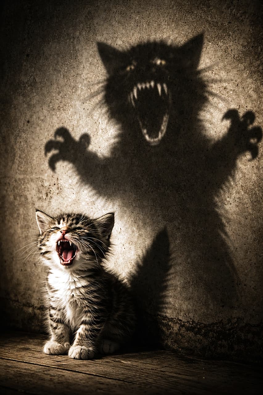 「あくび一発、影は怪獣級!ちびっこモンスター爆誕🐾」A small tabby kitten yawning in front of a textured wall, lit by a single strong light source. Its shadow looms large and distorted, resembling a giant roaring monster with claws. 質感のある壁の前であくびをする小さなキジトラの子猫。強い単一光源により、巨大で歪んだ怪獣のような影が壁に映し出されている