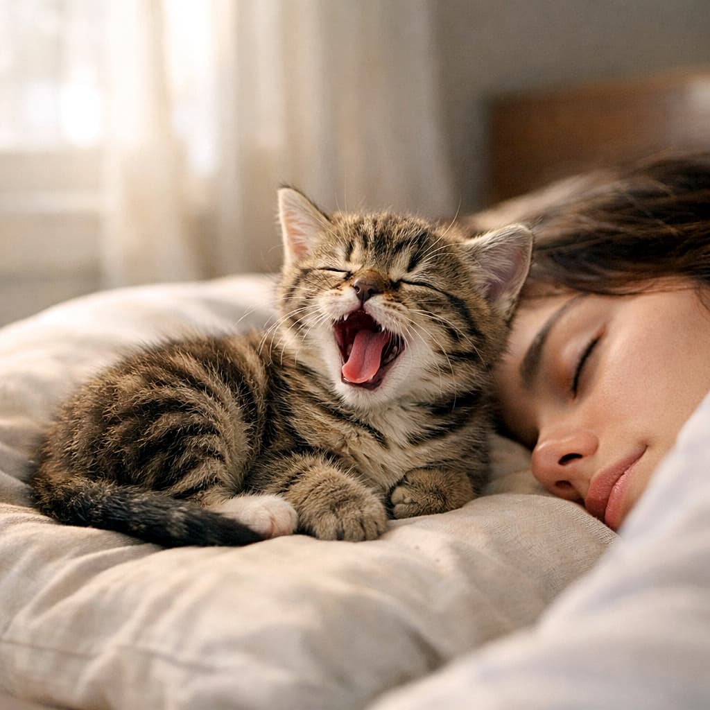 「おはようの合図は子猫の大あくび。一日の始まりが、こんなに優しいなんて反則です☀️🐾」A small tabby kitten yawning on a pillow beside its sleeping owner’s head in soft morning light, peaceful and serene bedroom scene. やわらかな朝の光の中、眠る飼い主の頭のそばで枕に丸まり、大きくあくびをする子猫の穏やかな寝室風景