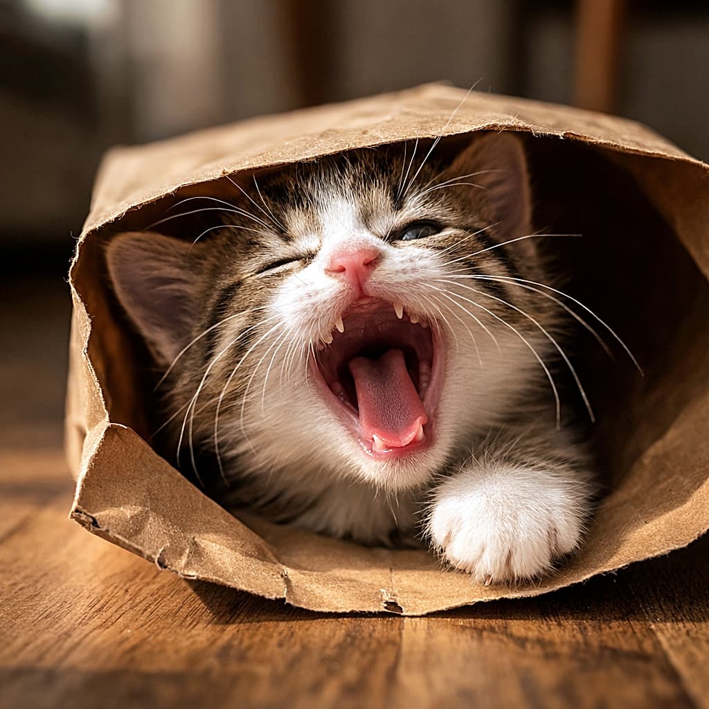 「かくれんぼ中に見つかった瞬間。紙袋からのび〜っと大あくび、油断しすぎです🐾」A kitten yawning while peeking out from inside a brown paper bag, its face in sharp focus and one paw resting on the edge. 茶色い紙袋の中から顔をのぞかせ、大きくあくびをする子猫。顔にピントが合い、前足が袋の縁にかかっている