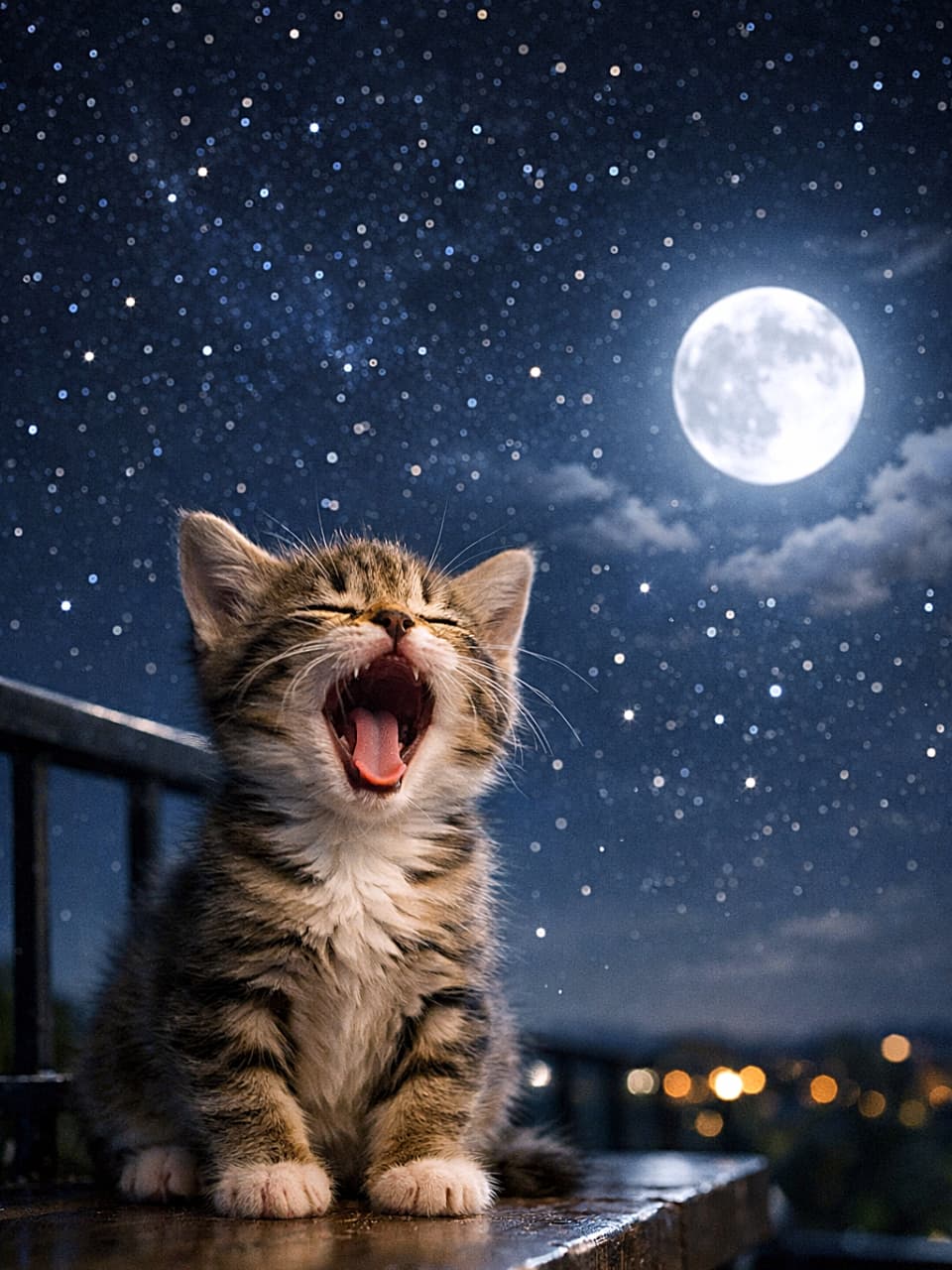 「満天の星に向かって大あくび🌙小さな魔法が夜にとけていく✨」A tiny tabby kitten yawning on a balcony at night, under a clear starry sky with a glowing full moon in the background. The dreamy atmosphere and soft lighting make the small yawn look magical. 夜のバルコニーであくびをする小さなキジトラの子猫。満天の星と輝く満月を背景に、柔らかな光が幻想的な雰囲気を演出している