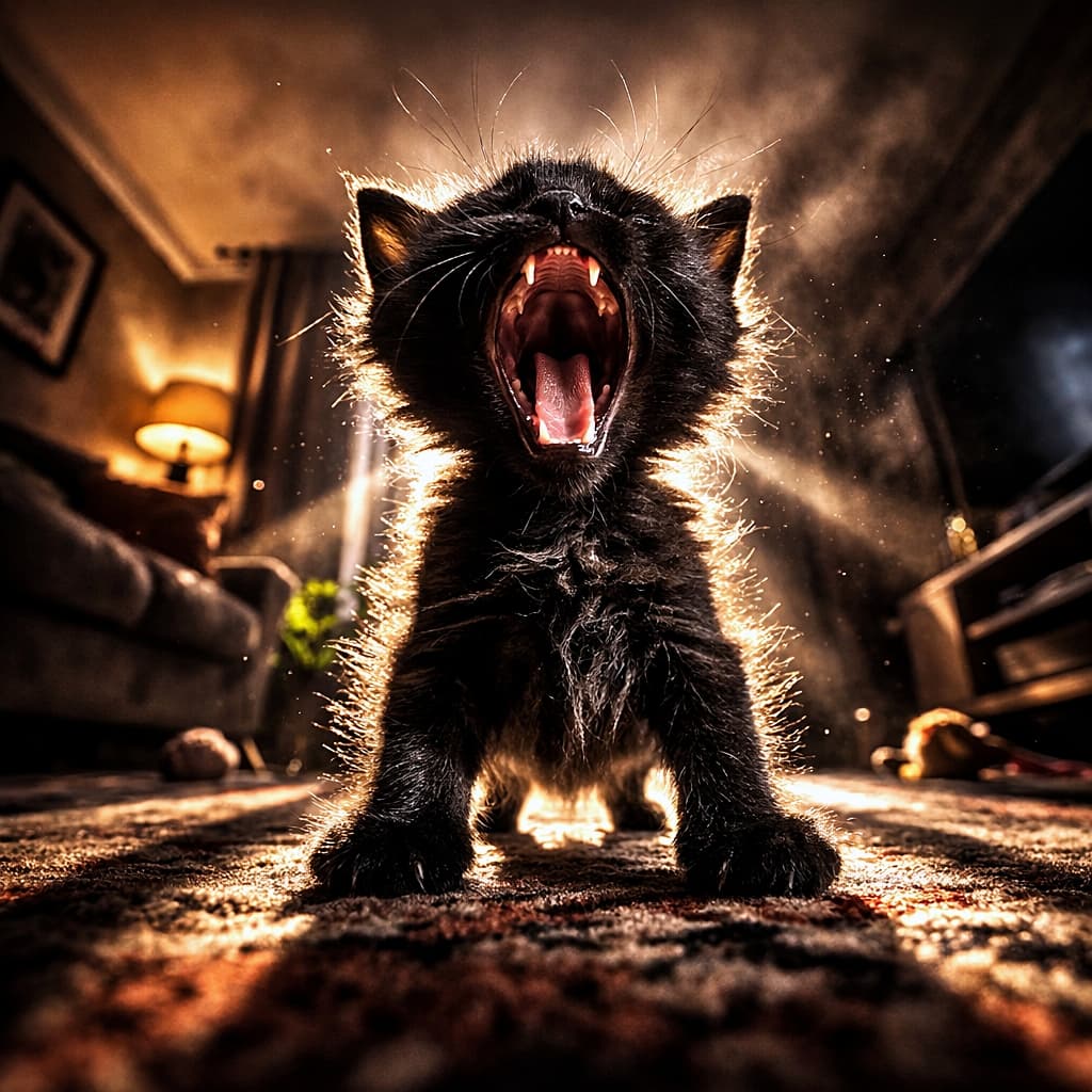 「あくびなのに貫禄満点。今日から君はリビングの王👑」A small black kitten standing proudly on a rug, captured mid-yawn from a low angle, looking adorable yet powerful under cinematic light. ラグの上に立つ小さな黒猫がローアングルで撮影され、あくびの瞬間が可愛さと力強さを併せ持って映し出されている