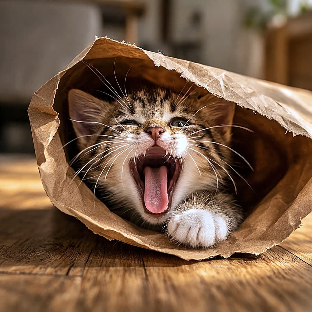 「探してたら、あくびで返事。紙袋は最高の秘密基地らしいです🐾」A playful kitten peeking from a brown paper bag on a wooden floor, caught mid-yawn with a curious expression. 木の床に置かれた茶色い紙袋から、あくびをしながら顔を出す遊び心いっぱいの子猫
