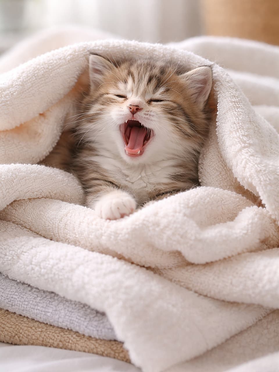 「洗いたてタオルは最高のベッド。子猫も思わず大あくびの、しあわせ時間🐾」A sleepy kitten yawning while nestled in a pile of warm, freshly laundered towels, creating a cozy and peaceful atmosphere. 洗いたての温かいタオルの山にくるまり、眠そうにあくびをする子猫の様子
