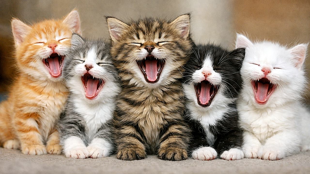「あくびまで息ぴったり!?思わずつられる、子猫たちのシンクロ芸💤🐾」Several kittens yawning at the same time, showing funny synchronized expressions in a photorealistic high-resolution image. 複数の子猫が同時にあくびをして、面白いほどシンクロした表情を見せている高解像度の写真