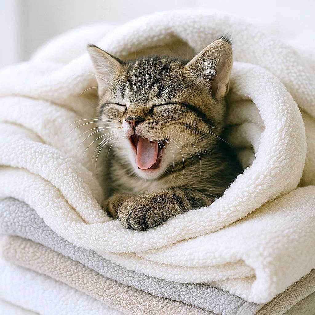 「トラ柄の子猫ちゃん、ふわもこ毛布にすっぽり埋もれて、あくびでとろける午後のまどろみ。ぬくぬく幸せ、ここが天国」A photorealistic tabby kitten yawns while nestled in a stack of soft fleece blankets in white, beige, and light gray. Its eyes are closed, mouth wide open, and tiny paws tucked under its chest. The scene radiates warmth and comfort, with plush textures and gentle lighting. 白・ベージュ・ライトグレーのフリース毛布に包まれたリアルなトラ柄子猫が、目を閉じて大きなあくび。小さな前足を胸元にしまい、ふわふわの質感と柔らかな光がぬくもりを演出する一枚