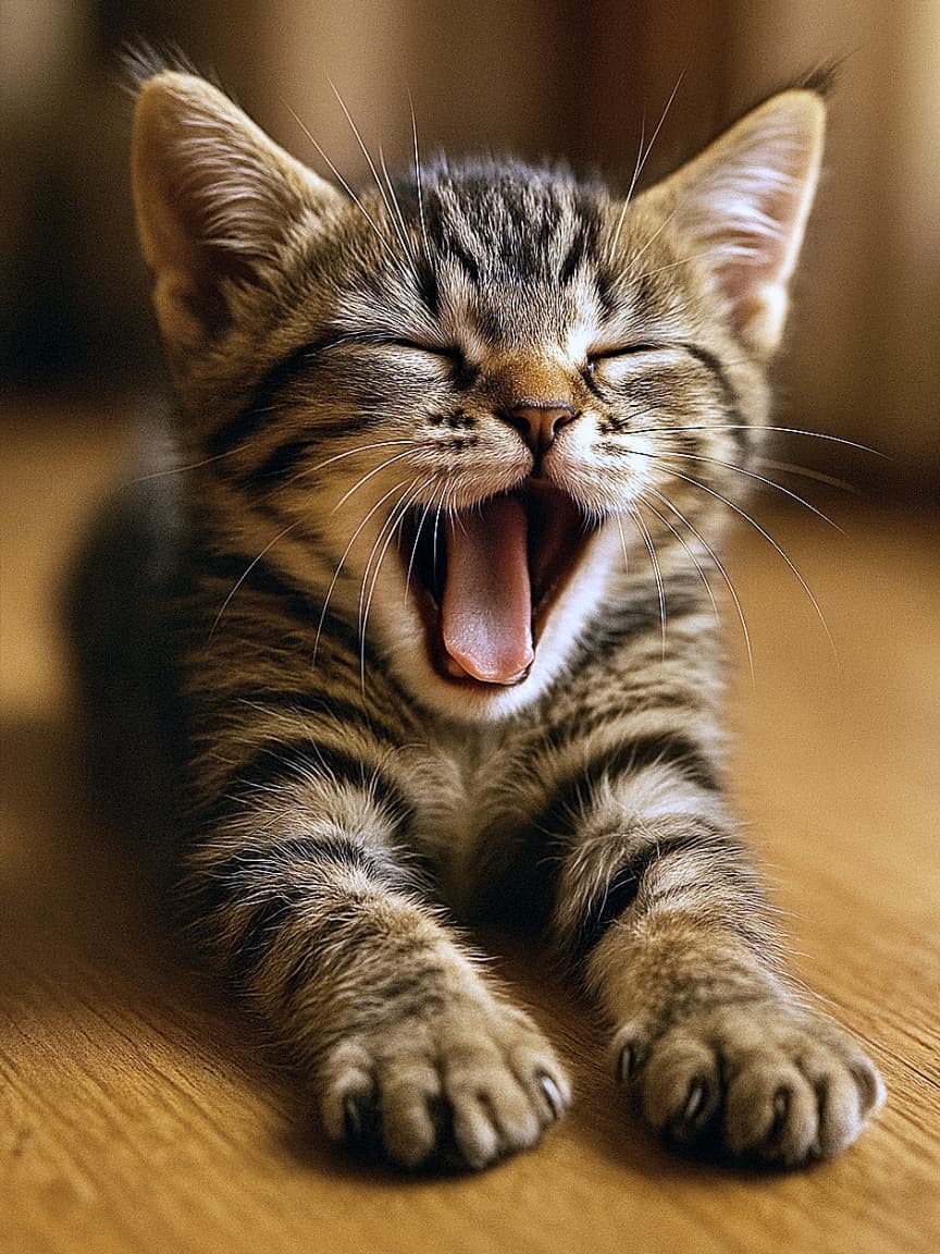 A tabby kitten mid-yawn with its front paws stretched forward on a wooden floor, eyes closed in relaxation. Photorealistic detail and warm indoor lighting enhance the cozy, expressive moment. 木の床の上で前足を伸ばしながらあくびをする途中のタビー柄の子猫。目を閉じてリラックスした表情を見せており、写実的な描写と暖かな室内光が心地よい雰囲気を際立たせている