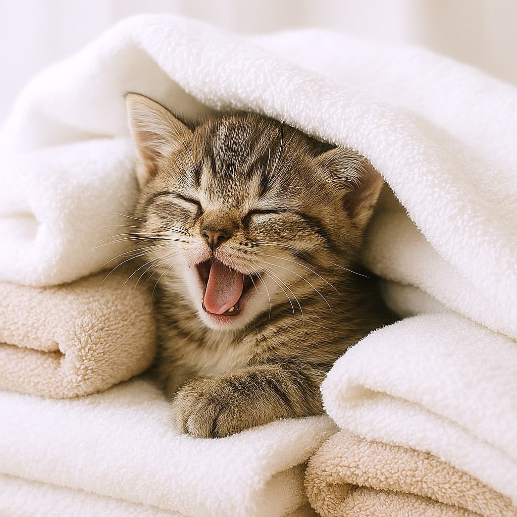「トラ柄の子猫ちゃんが、洗いたてのふわふわタオルにすっぽり埋もれて、安心しきった顔で大きなあくび。あたたかさに包まれて力がふにゃっと抜けていく極上のくつろぎタイム」A photorealistic brown tabby kitten, half‑asleep and mid‑yawn, nestled deep in a stack of freshly laundered white and beige towels. Soft lighting highlights the fluffy fur and plush towel textures, creating a clean, warm, cozy atmosphere. ふわふわのブラウンタビー子猫が、洗いたての白とベージュのタオルにすっぽり包まれ、眠そうにあくびをしている超リアルな描写。柔らかな光が毛並みとタオルの質感を優しく照らし、清潔感とぬくもりが漂う一枚