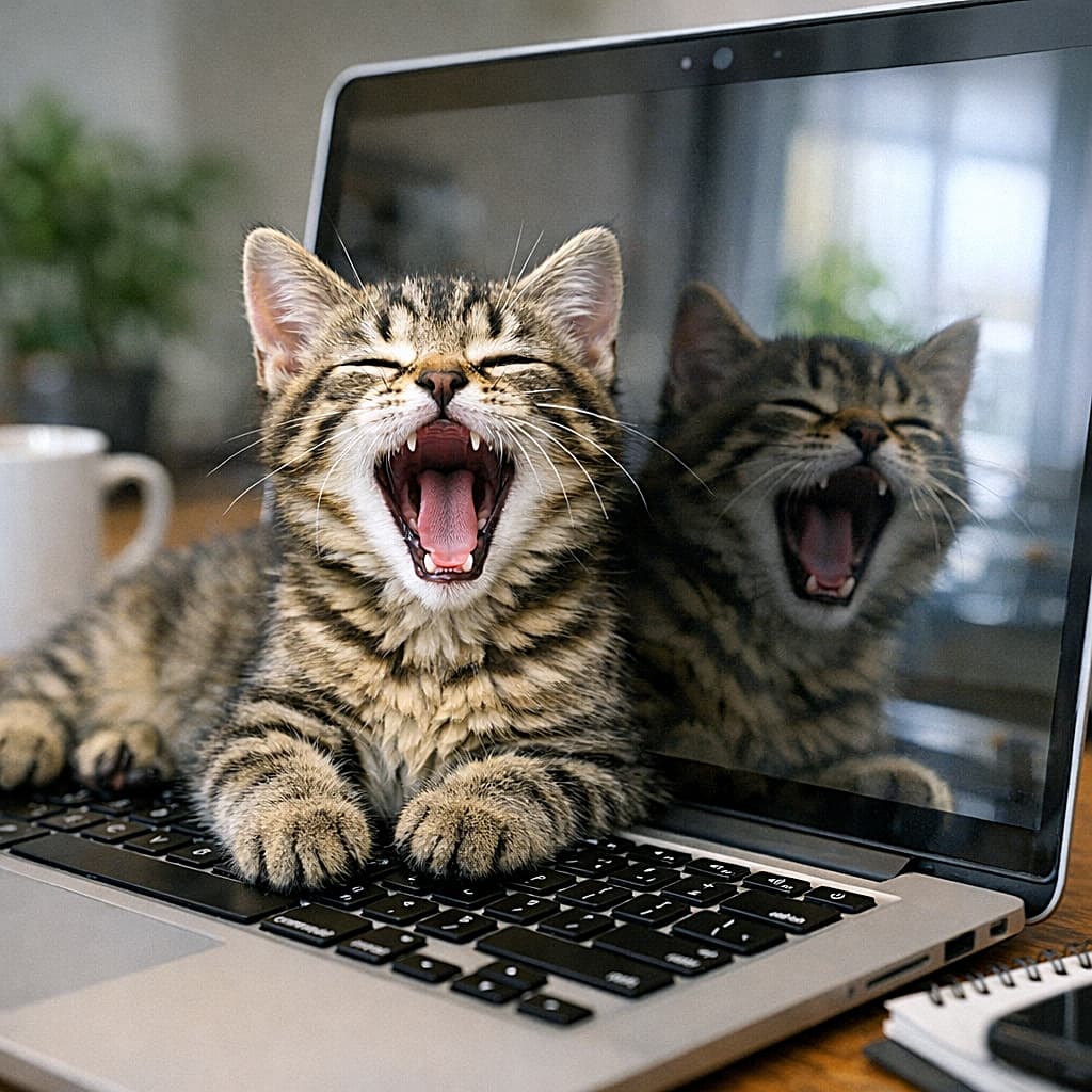 「正面から「ふぁ〜あ!」🙀 画面にも大迫力のあくび顔が映ってて、思わずつられてあくびが出ちゃう!」A photorealistic, close-up image of a tabby kitten resting its paws on a laptop keyboard. The kitten faces forward, eyes closed, giving a massive yawn directly toward the screen. The glossy screen shows a large, detailed reflection of the kitten's yawning face. A coffee mug is partially visible in the softly blurred background. ノートパソコンのキーボードに前足を乗せたキジトラ子猫のリアルなクローズアップ写真。子猫は正面を向き、目を閉じて画面に向かって大あくびをしている。光沢のある画面には、大きく口を開けた正面の顔が詳細に映り込んでいる。柔らかくぼやけた背景にはコーヒーマグが少し見える