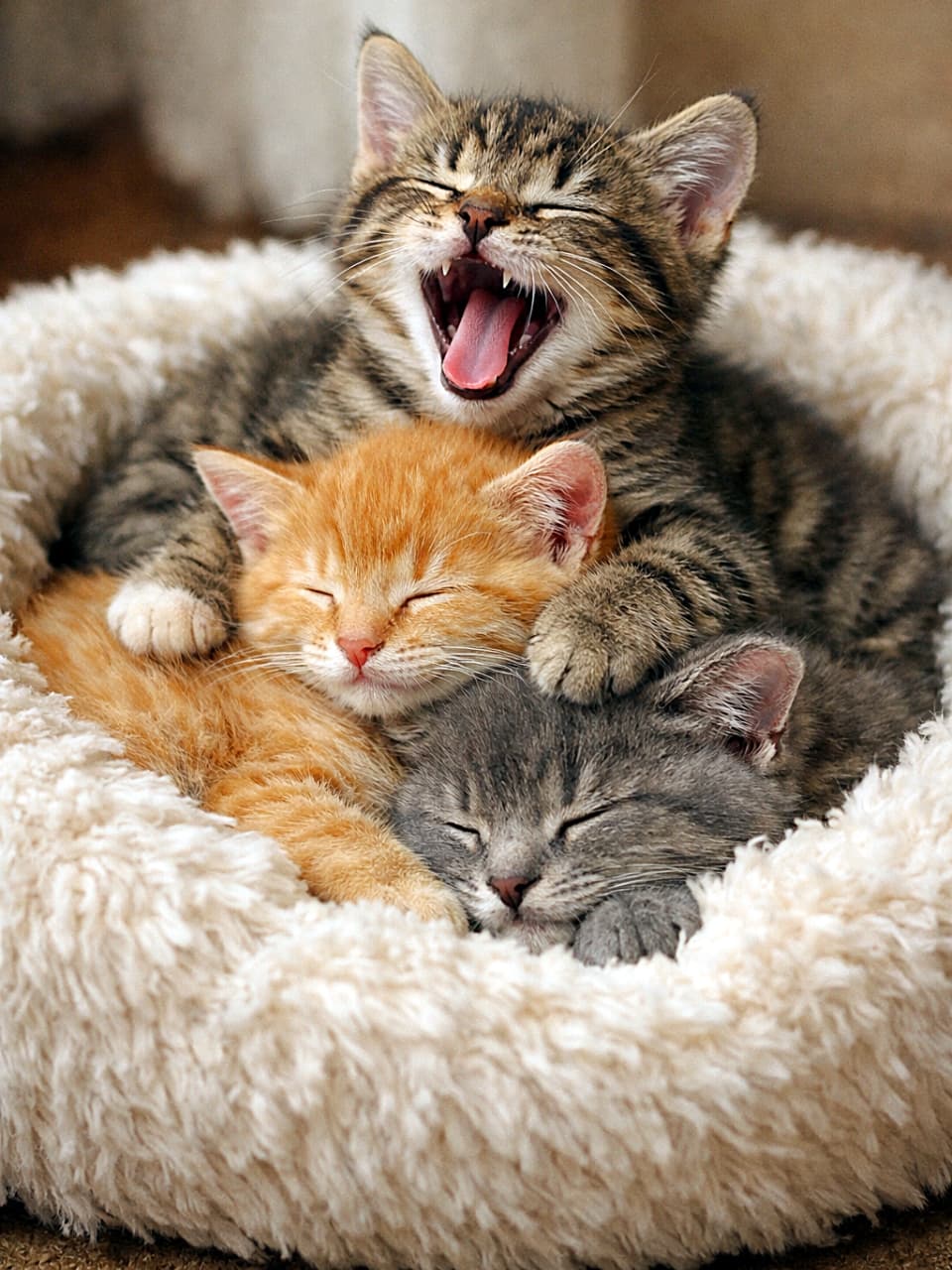 「あくびが合図♡ぎゅうぎゅう子猫の夢時間🐾」Three kittens cuddled together in a fluffy cat bed, with the top kitten yawning as the others sleep peacefully in soft, warm lighting. ふわふわの猫ベッドで三匹の子猫が重なり合って眠り、上の子があくびをしている温かな光の写真
