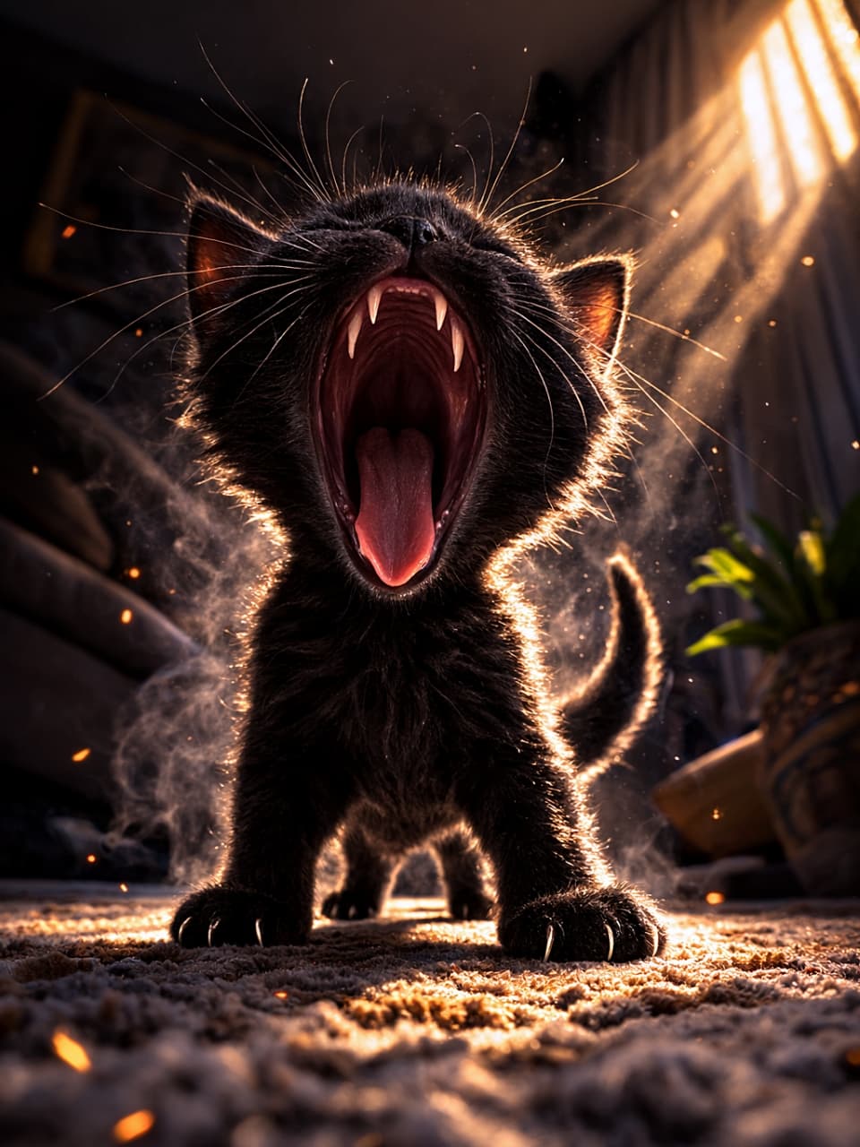 「ちっちゃな体でこの迫力!?あくびが完全に百獣の王クラス🐾」A tiny black kitten shot from a low angle, yawning powerfully like a roaring lion, with dramatic cinematic lighting and high contrast. ローアングルで撮影された小さな黒猫が、大きくあくびをしてまるでライオンの咆哮のように見えるシネマティックな一瞬